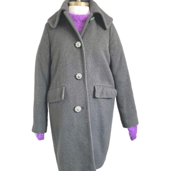 Vintage 60s Style Black Wool Cocoon Midi Big Collar Mid Length Car Coat - XS/S - Picture 3 of 10